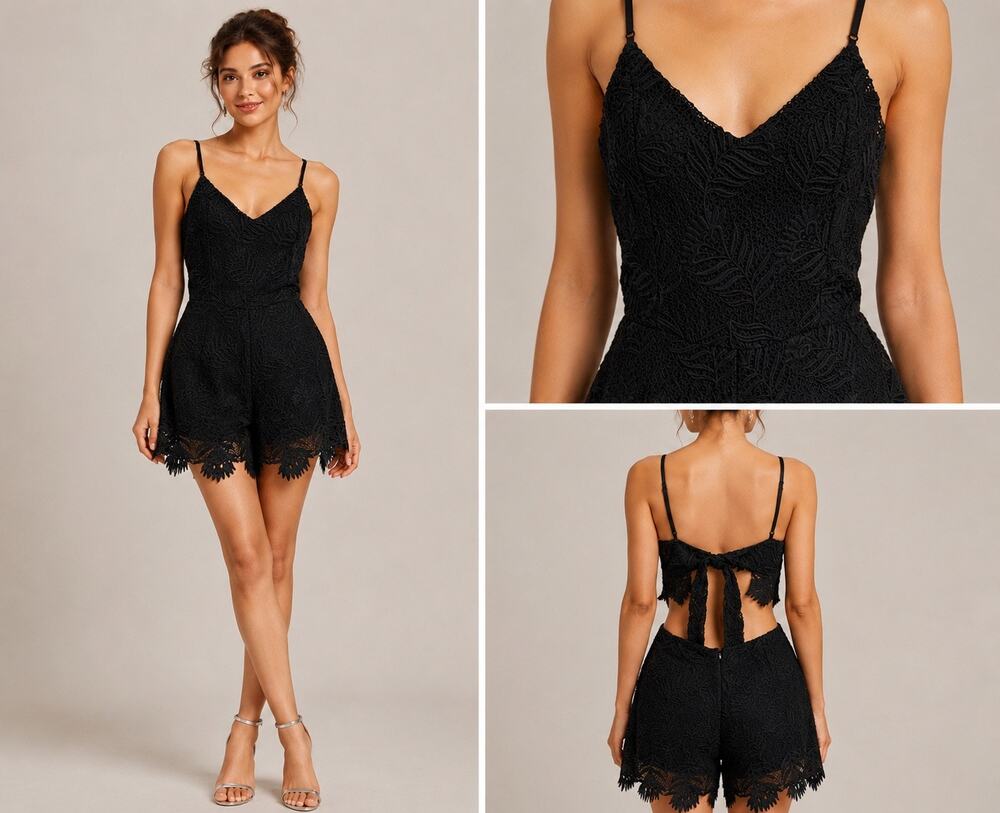 Luxxel Black Lace Romper Women's Medium NWT Open Back Tie Crochet Boho Festival